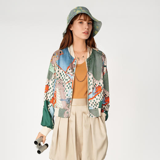 谜底花色短款外套女2025春季新品复古风印花棒球服长袖251MW5005 商品图0