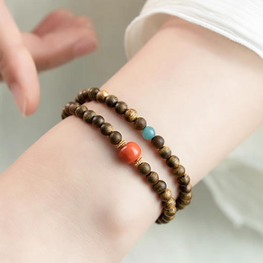 【经典】赤霞南红沉香木双圈手串6mm 搭配蓝水翡翠新中式古风手链珠串带证书 商品图3