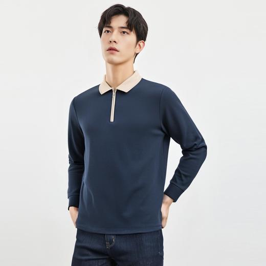 【含桑蚕丝】罗蒙男士撞色领拉链polo衫男长袖时尚舒适百搭长袖t恤男 商品图2