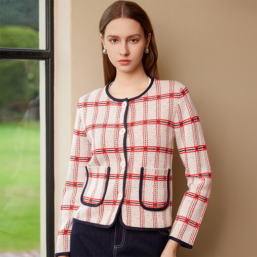 【小香风针织条纹针织外套】25年春季新品女士条纹撞色圆领针织外套 商品图0