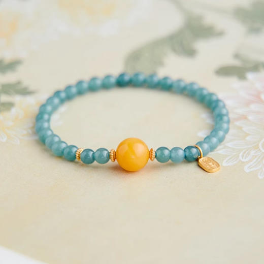 蜜蜡转运珠翡翠手串5mm  甄选蓝水翡翠蜜蜡手链蓝水蓝色玉石手串珠子雅致百搭带证书 商品图0