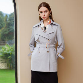 【双排扣风衣】25年春季新品女士短款纯色腰带收腰风衣外套