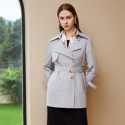 【双排扣风衣】25年春季新品女士短款纯色腰带收腰风衣外套 商品图0