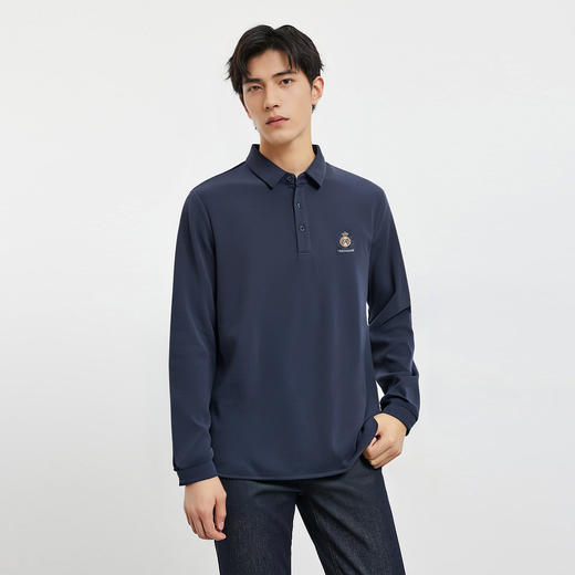 【桑蚕丝混纺】罗蒙春秋男士绣花胸标polo衫男长袖t恤男舒适长袖上衣男 商品图3