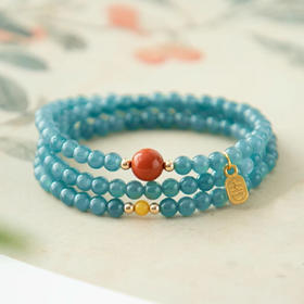 鸿翠系列翡翠多圈手串5mm  甄选蓝水翡翠搭配蜜蜡南红手链蓝水蓝色新中式国风玉石手串带证书