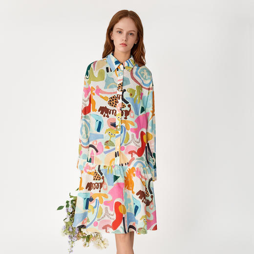 谜底花色连衣裙长袖女2025春季新品复古印花宽松中长裙251ML5003 商品图0