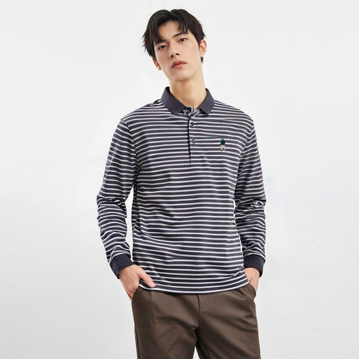 【桑蚕丝混纺】罗蒙春秋翻领长袖绣花胸标海魂衫polo衫男长袖男士条纹polo衫长袖 商品图5