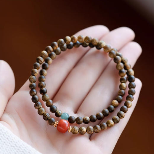 【经典】赤霞南红沉香木双圈手串6mm 搭配蓝水翡翠新中式古风手链珠串带证书 商品图2