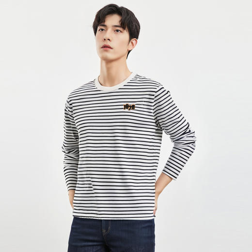 【桑蚕丝混纺】罗蒙春夏绣花胸标海魂衫t恤男长袖t恤男时尚条纹t恤长袖男 商品图1