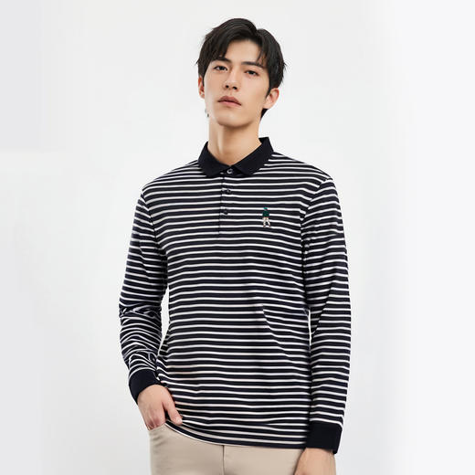 【桑蚕丝混纺】罗蒙春秋翻领长袖绣花胸标海魂衫polo衫男长袖男士条纹polo衫长袖 商品图6