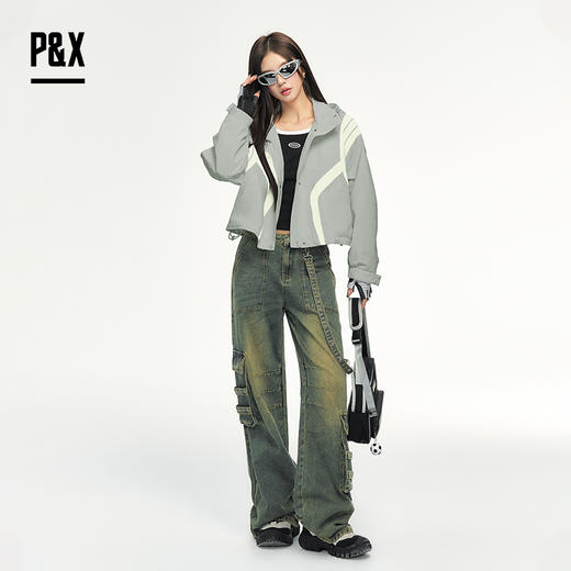 P&X设计师女装 新款休闲潮流运动短款风衣宽松连帽825119080 灰色 商品图1