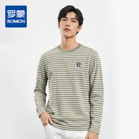 【桑蚕丝混纺】罗蒙春夏长袖T恤男士海魂衫休闲百搭经典男士圆领条纹T恤