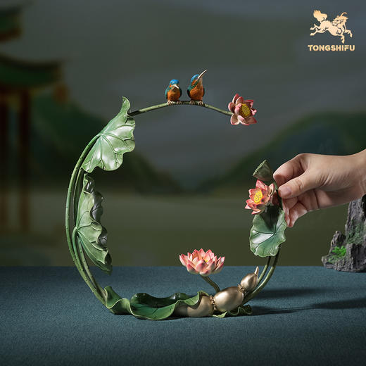 铜师傅《夏日荷韵》客厅桌面铜翠鸟荷花摆件 家居装饰工艺品 商品图4