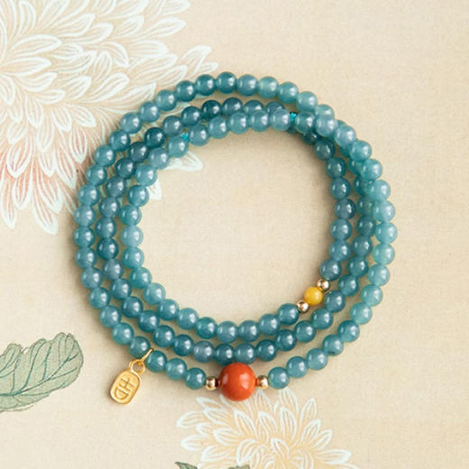 鸿翠系列翡翠多圈手串5mm  甄选蓝水翡翠搭配蜜蜡南红手链蓝水蓝色新中式国风玉石手串带证书 商品图3