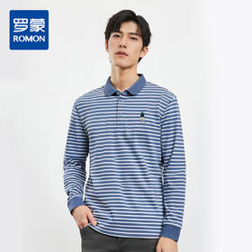 【桑蚕丝混纺】罗蒙春秋翻领长袖绣花胸标海魂衫polo衫男长袖男士条纹polo衫长袖