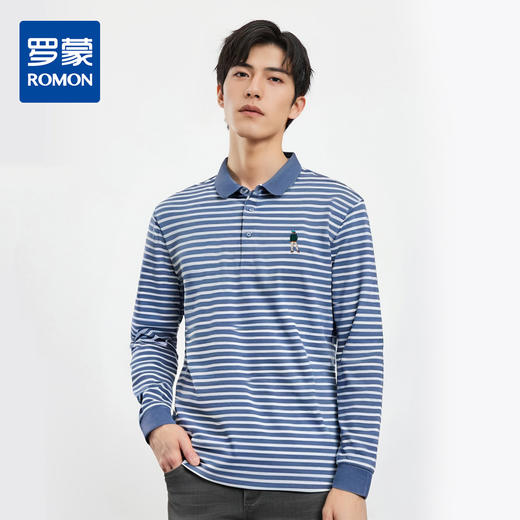 【桑蚕丝混纺】罗蒙春秋翻领长袖绣花胸标海魂衫polo衫男长袖男士条纹polo衫长袖 商品图0