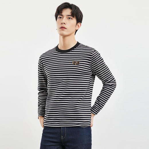 【桑蚕丝混纺】罗蒙春夏绣花胸标海魂衫t恤男长袖t恤男时尚条纹t恤长袖男 商品图5