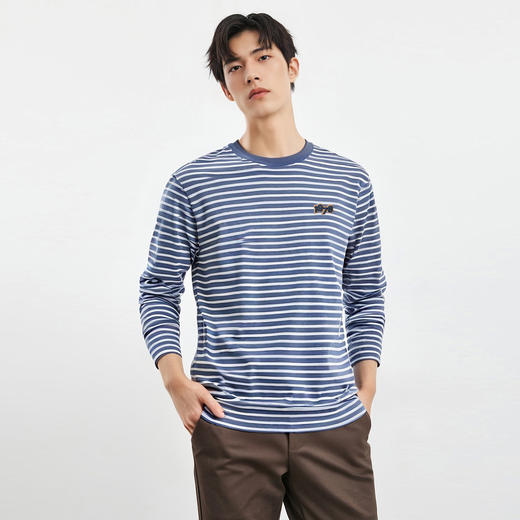 【桑蚕丝混纺】罗蒙春夏绣花胸标海魂衫t恤男长袖t恤男时尚条纹t恤长袖男 商品图2