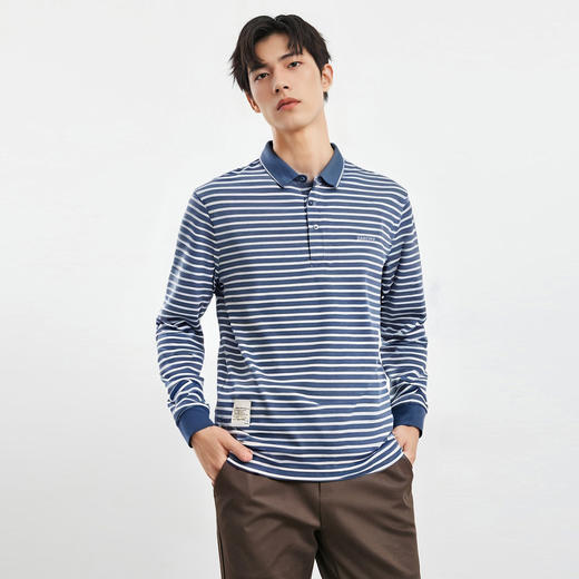 【桑蚕丝混纺】罗蒙男士春秋款撞色条纹polo衫男长袖t恤男士polo衫 商品图2