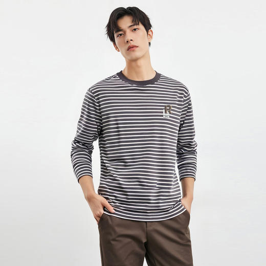 【桑蚕丝混纺】罗蒙春夏长袖T恤男士海魂衫休闲百搭经典男士圆领条纹T恤 商品图2