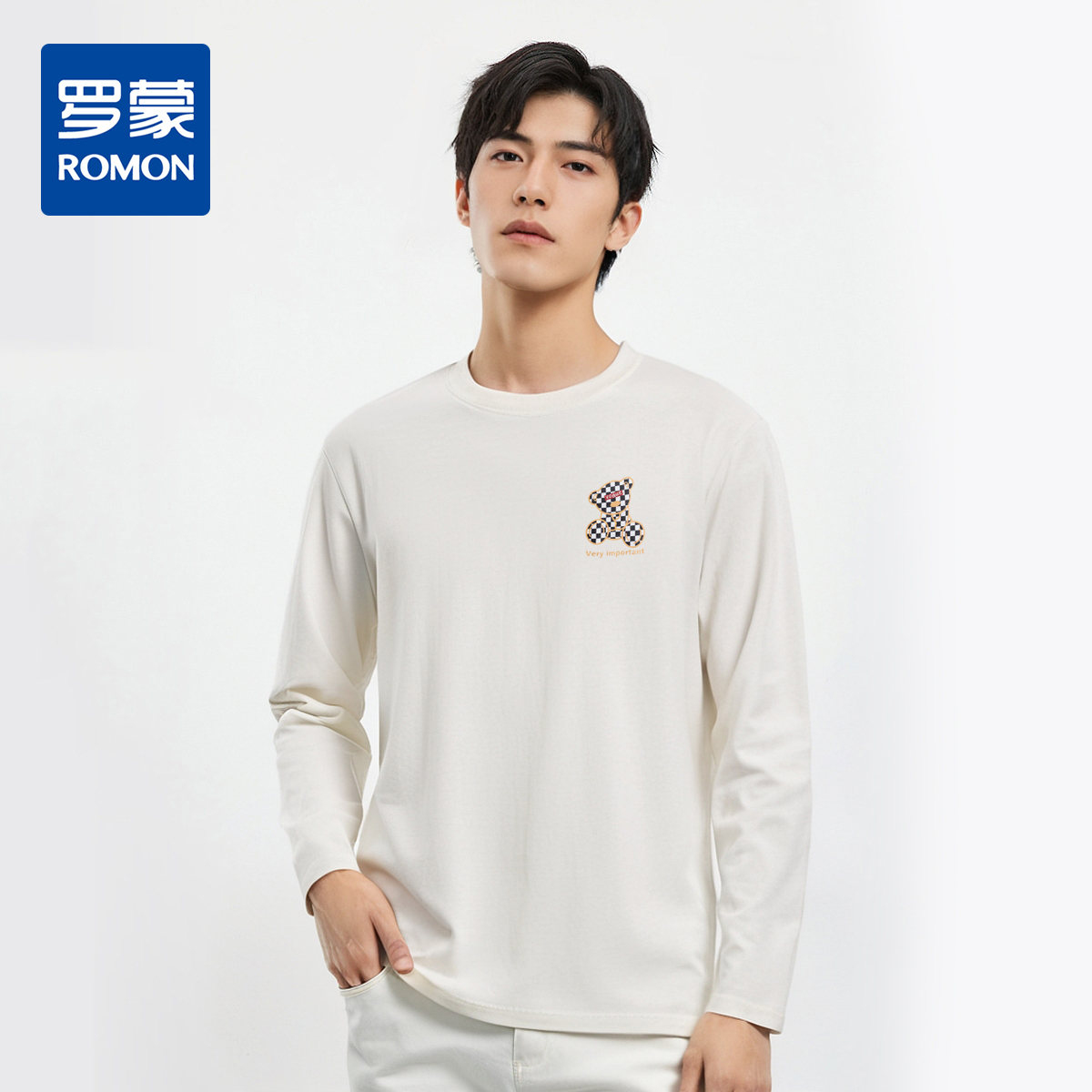 【桑蚕丝混纺】罗蒙春秋时尚胸花t恤男长袖t恤男时尚男士t恤舒适打底衫男
