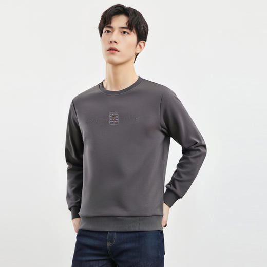 【桑蚕丝混纺】罗蒙春秋男装胸花字终绣花卫衣男士舒适休闲百搭圆领长袖T恤上衣男 商品图2