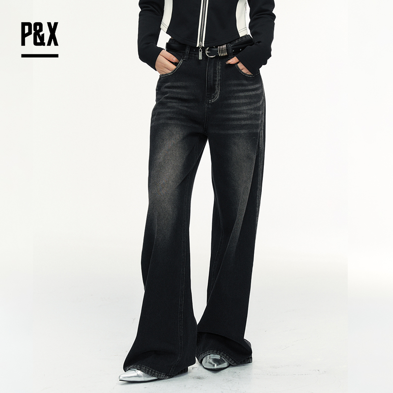 P&X设计师女装 时尚街头水洗牛仔长裤宽松阔腿裤825110051 黑色