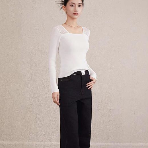 【自】全新升级【铂金会员238/天猫319/差价81】(81911) 洛诗琳25春季新款设计感方领拼接蕾丝长袖薄款纯色针织上衣 商品图4