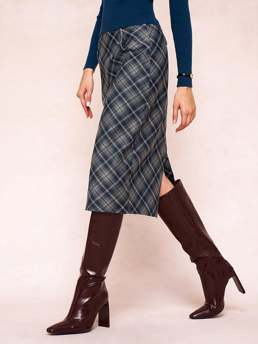 TR她热 贝拉格纹 藏蓝色格纹复古印花拉链开叉西装显瘦直筒半裙 商品图1