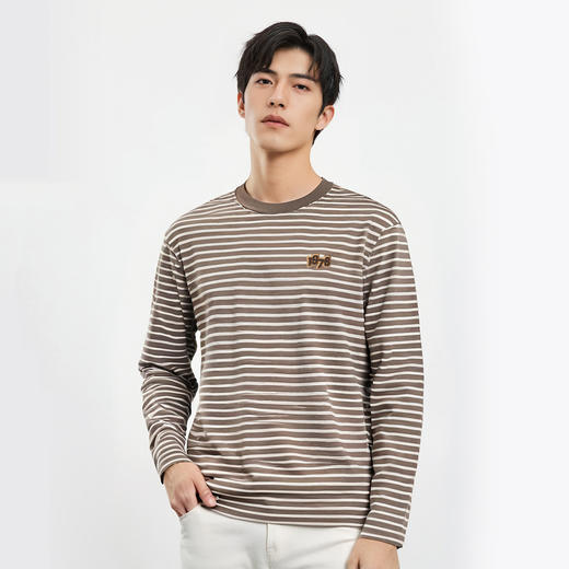 【桑蚕丝混纺】罗蒙春夏绣花胸标海魂衫t恤男长袖t恤男时尚条纹t恤长袖男 商品图3