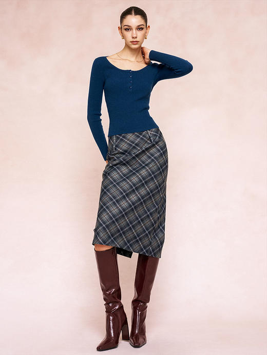 TR她热 贝拉格纹 藏蓝色格纹复古印花拉链开叉西装显瘦直筒半裙 商品图3