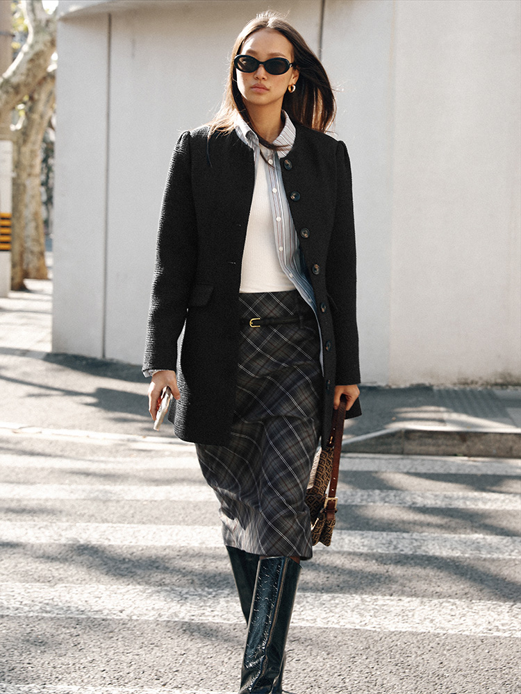 TR她热 贝拉格纹 藏蓝色格纹复古印花拉链开叉西装显瘦直筒半裙