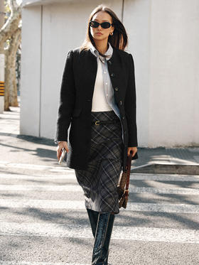 TR她热 贝拉格纹 藏蓝色格纹复古印花拉链开叉西装显瘦直筒半裙