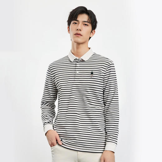 【桑蚕丝混纺】罗蒙春秋翻领长袖绣花胸标海魂衫polo衫男长袖男士条纹polo衫长袖 商品图1