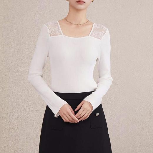 【自】全新升级【铂金会员238/天猫319/差价81】(81911) 洛诗琳25春季新款设计感方领拼接蕾丝长袖薄款纯色针织上衣 商品图1