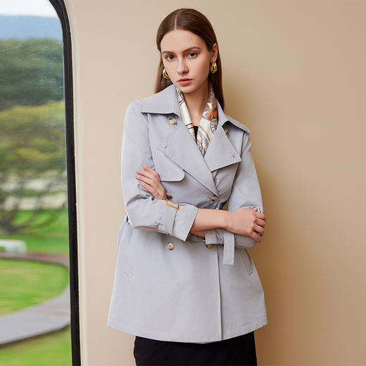 【双排扣风衣】25年春季新品女士短款纯色腰带收腰风衣外套 商品图1