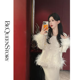 【孤品样衣，不退不换】【甜梦契约】冬季氛围花朵羊驼毛拼接鸵鸟毛圆领毛衣