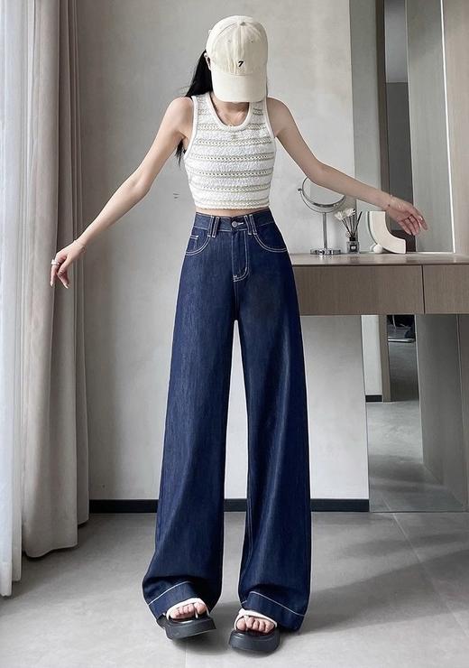 【GZ】无忧购2025春季美式休闲复古丹宁蓝高腰垂感休闲阔腿牛仔裤2405（截单后7天发货) 商品图2