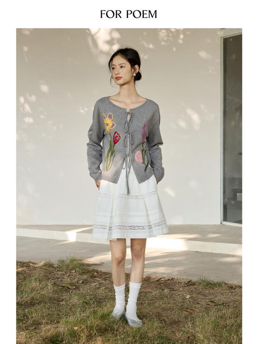 ForPoem 现货 25/SS 原创设计春日氛围感彩色刺绣花绑带针织开衫 商品图3