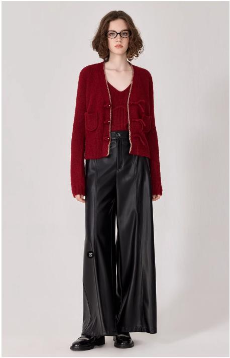 D63红色毛衣宽松休闲V领针织开衫（配背心） 商品图0