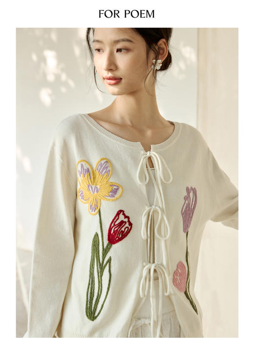 ForPoem 现货 25/SS 原创设计春日氛围感彩色刺绣花绑带针织开衫 商品图4