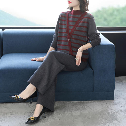 A21-9228条纹假两件针织衫两件套秋冬新款拼色加厚半高领毛衣阔腿裤套装潮 商品图3