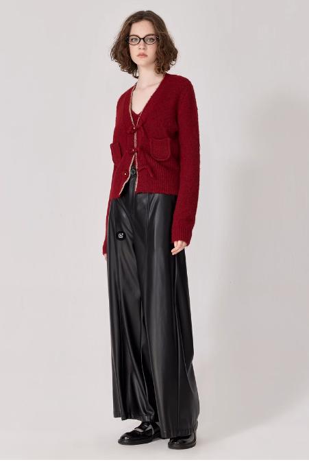 D63红色毛衣宽松休闲V领针织开衫（配背心） 商品图2