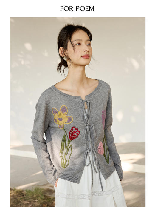 ForPoem 现货 25/SS 原创设计春日氛围感彩色刺绣花绑带针织开衫 商品图2