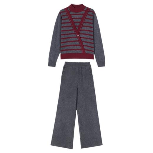 A21-9228条纹假两件针织衫两件套秋冬新款拼色加厚半高领毛衣阔腿裤套装潮 商品图4