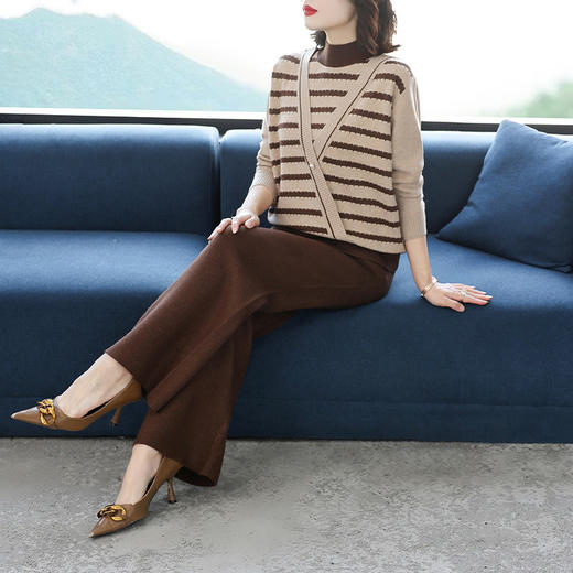 A21-9228条纹假两件针织衫两件套秋冬新款拼色加厚半高领毛衣阔腿裤套装潮 商品图2