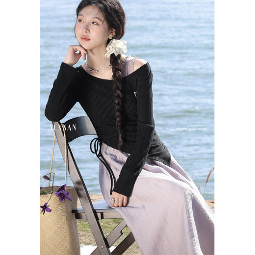 【6折秒杀】鹿向南「白玉紫芝」气质黑色上衣L52926 商品图3