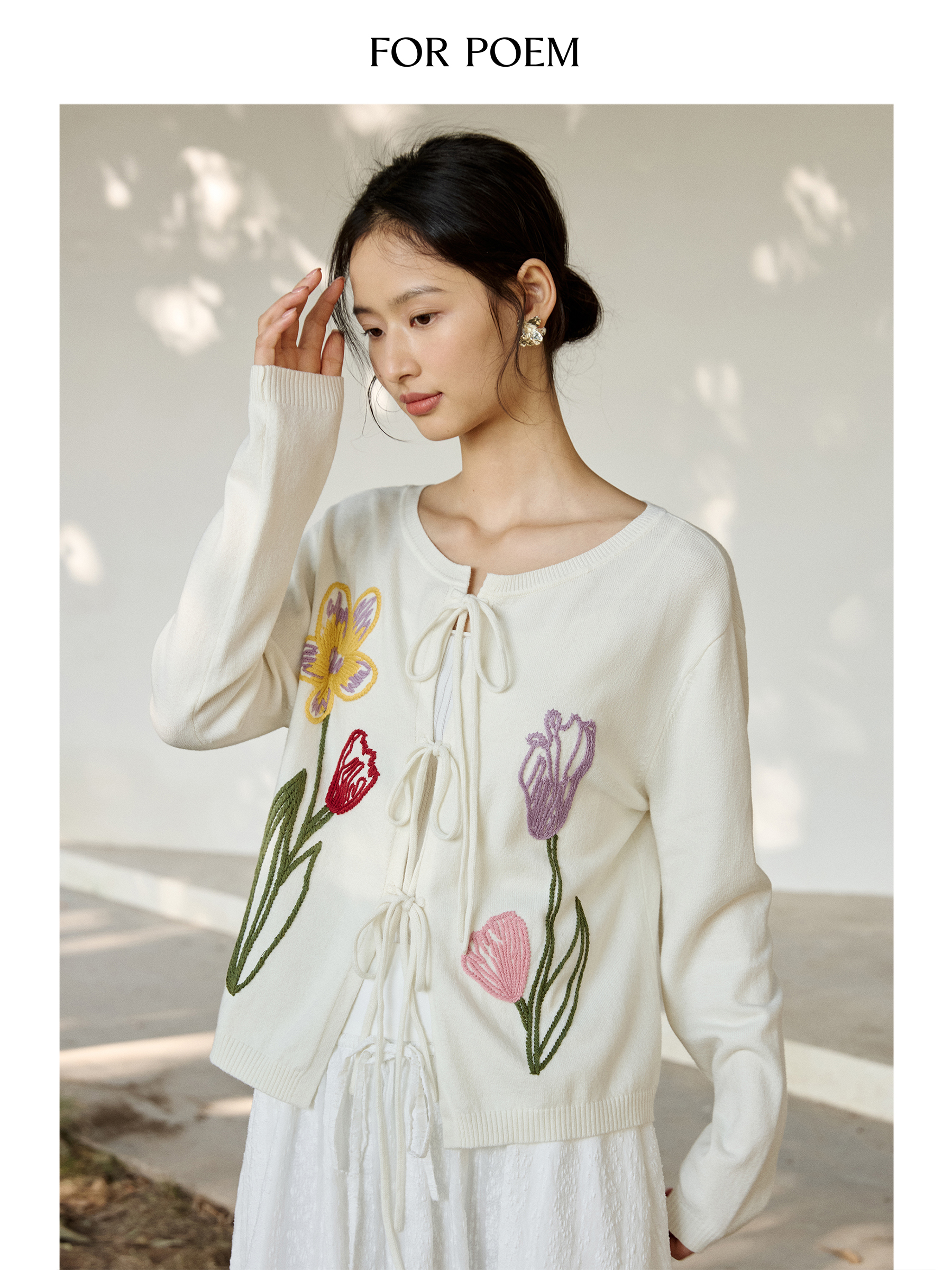 ForPoem 现货 25/SS 原创设计春日氛围感彩色刺绣花绑带针织开衫