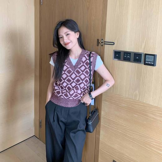 顺丰包邮洛诗琳35204秋冬纯羊毛经典棋盘格叠穿针织马甲160567 商品图1