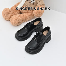 经典鲨女鞋2025年春季新款百搭圆头中粗跟黑色系带单鞋小皮鞋KW233-517011